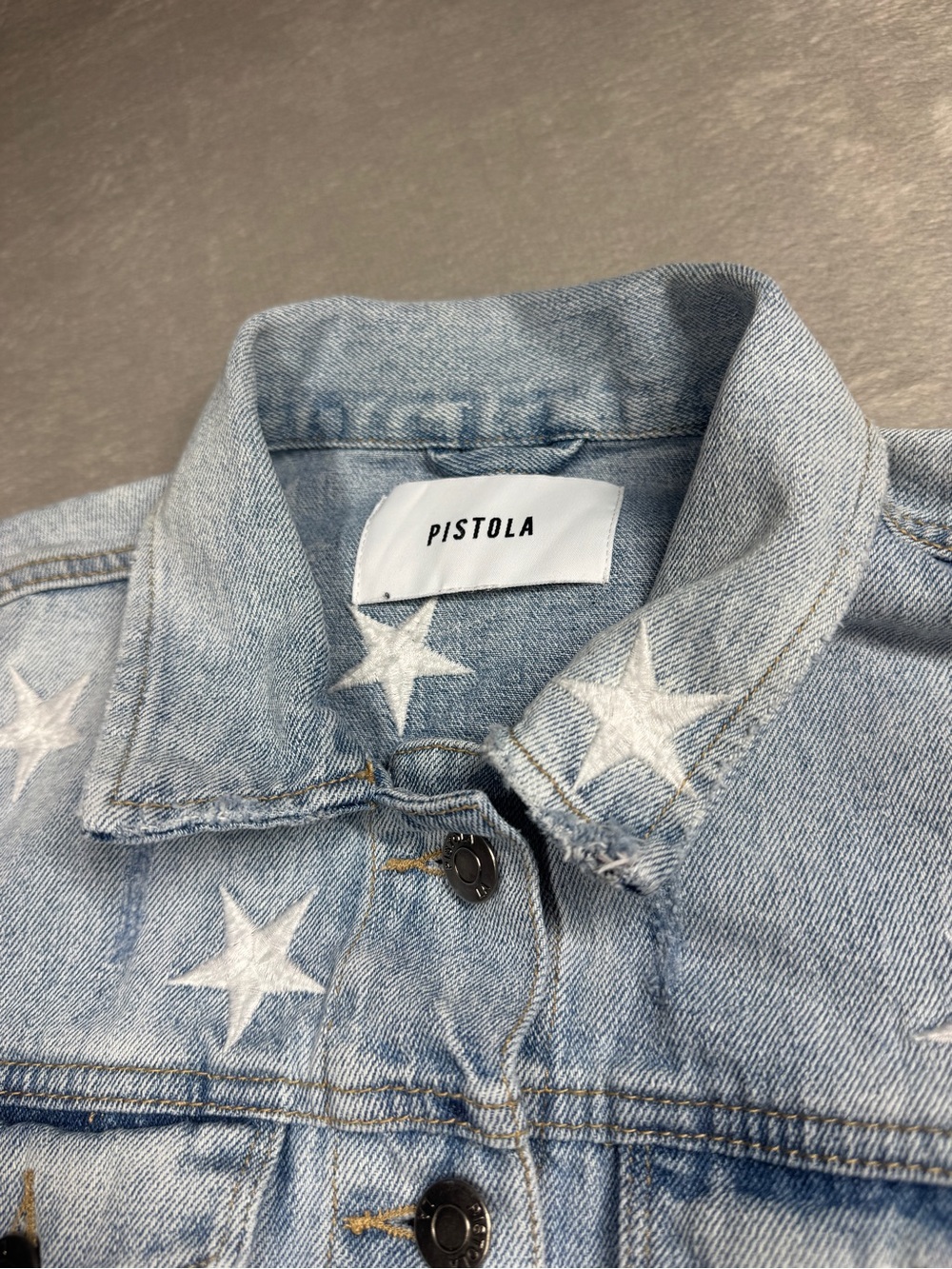 Pistola Brando Embroidered Star Distressed Cut Off Denim Blue Jean Jacket Small - Picture 3 of 15